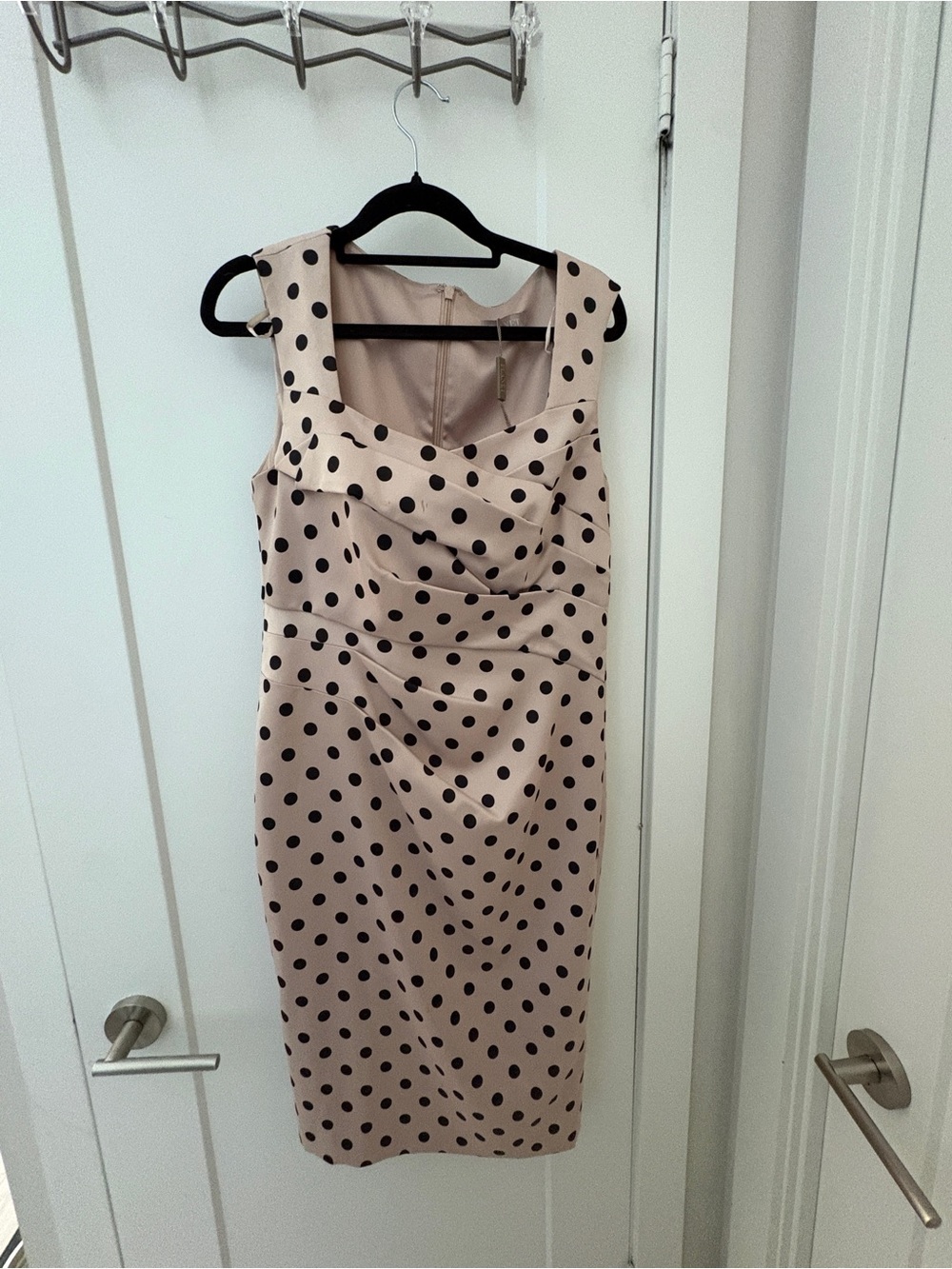 Polka Dot Sleeveless Sheath Dress in Beige and Black